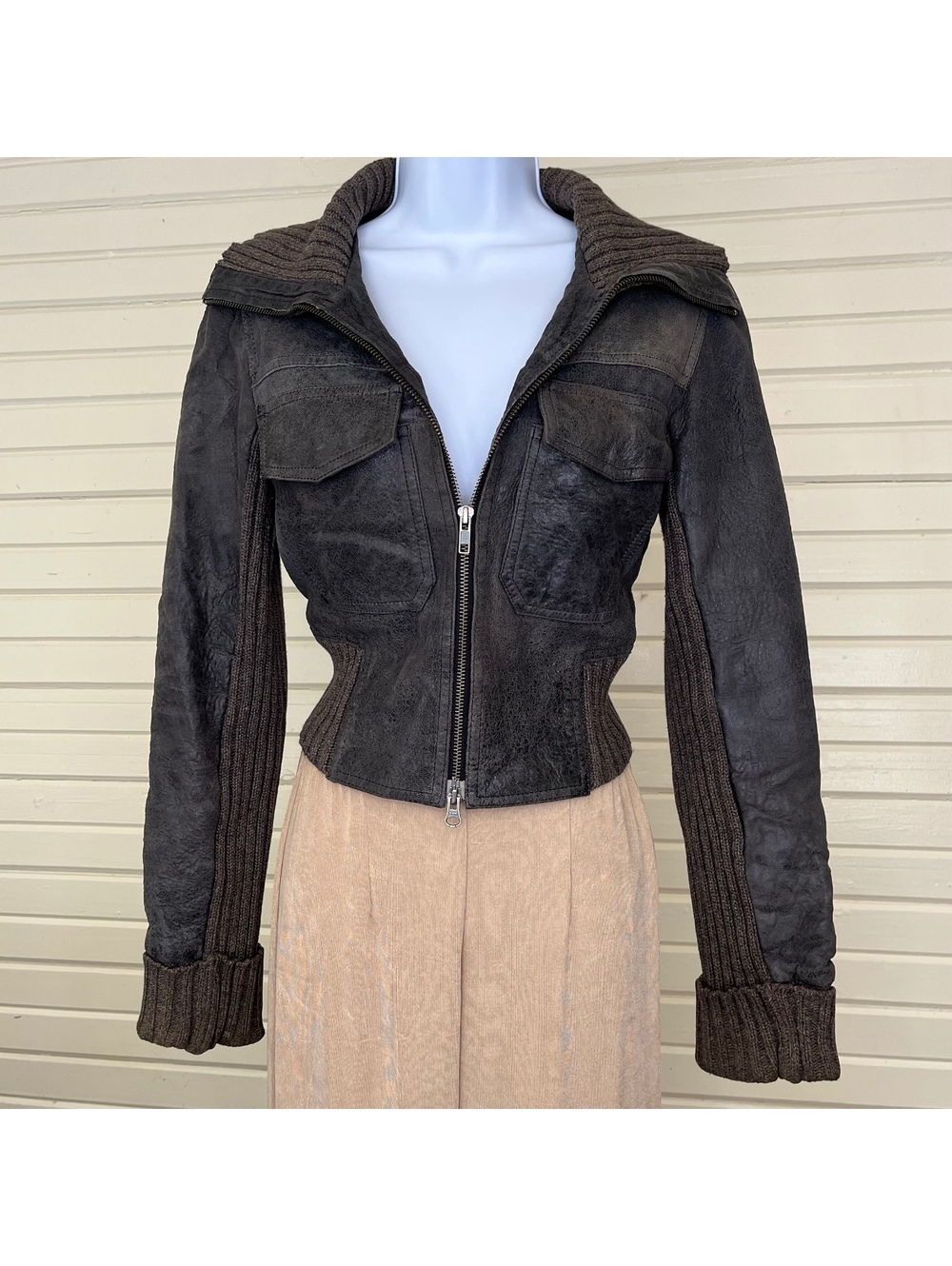 Elements by Vakko Brown Leather Knit Panel Cropped Zip Bomber Jacket Small